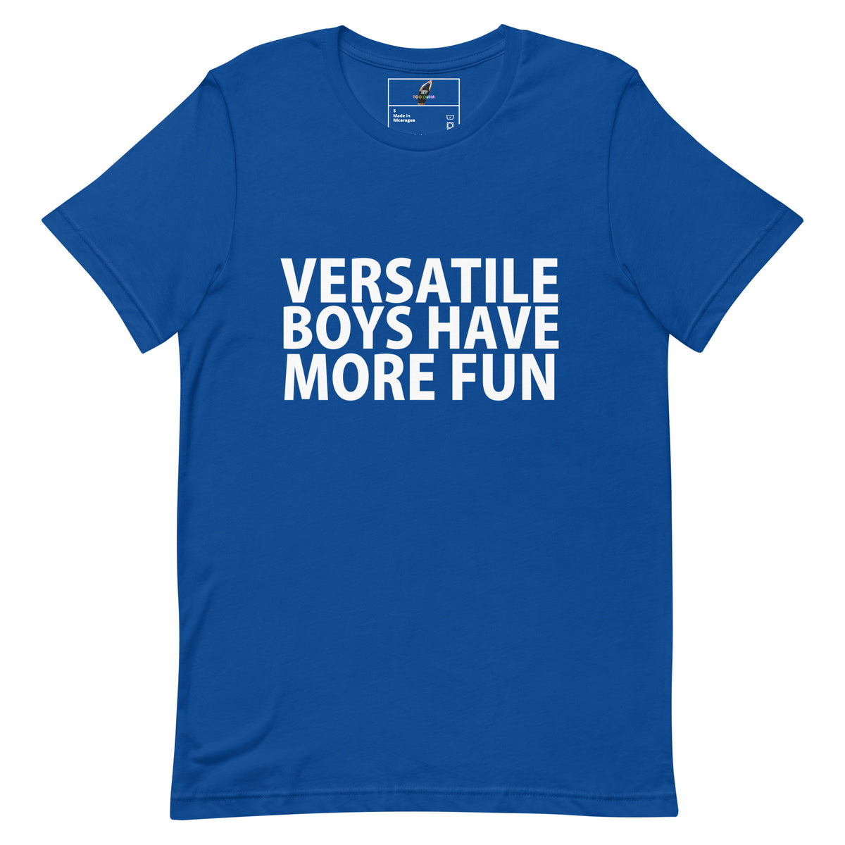 A royal blue short-sleeve crewneck t-shirt with the phrase 'VERSATILE BOYS HAVE MORE FUN' printed in bold white capital letters across the chest, displayed on a clean white background.