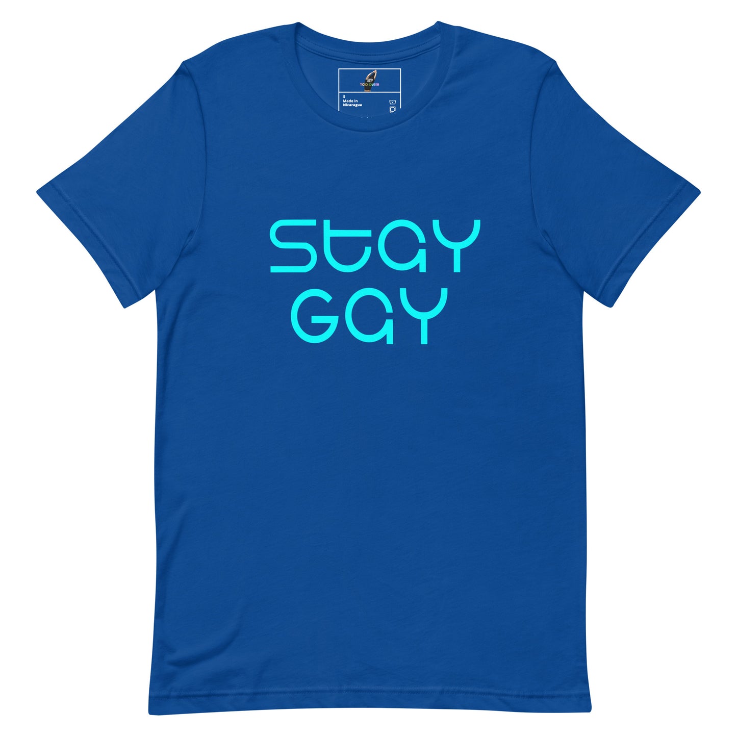 A royal blue short-sleeve crewneck t-shirt featuring the words 'STAY GAY' printed in a bright cyan sans-serif font across the chest, displayed on a clean white background.