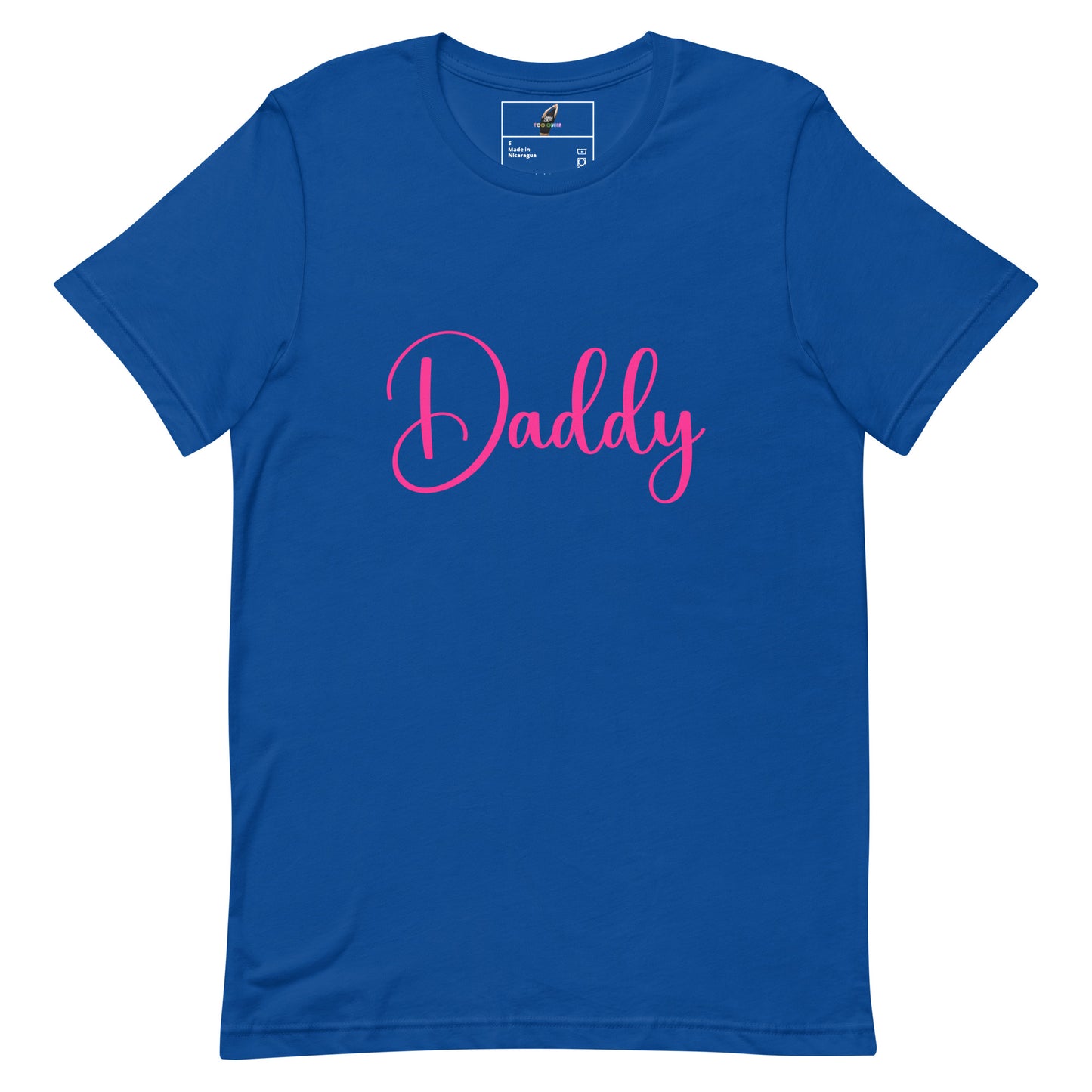 A royal blue short-sleeve crewneck t-shirt featuring the word 'Daddy' printed across the chest in a bright pink cursive script, displayed on a clean white background.