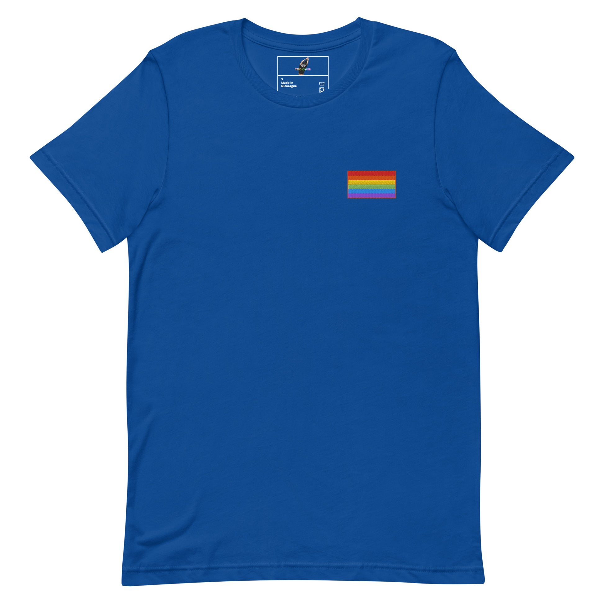 A royal blue short-sleeve crewneck t-shirt with a small rainbow pride flag graphic printed on the left chest, displayed on a clean white background.