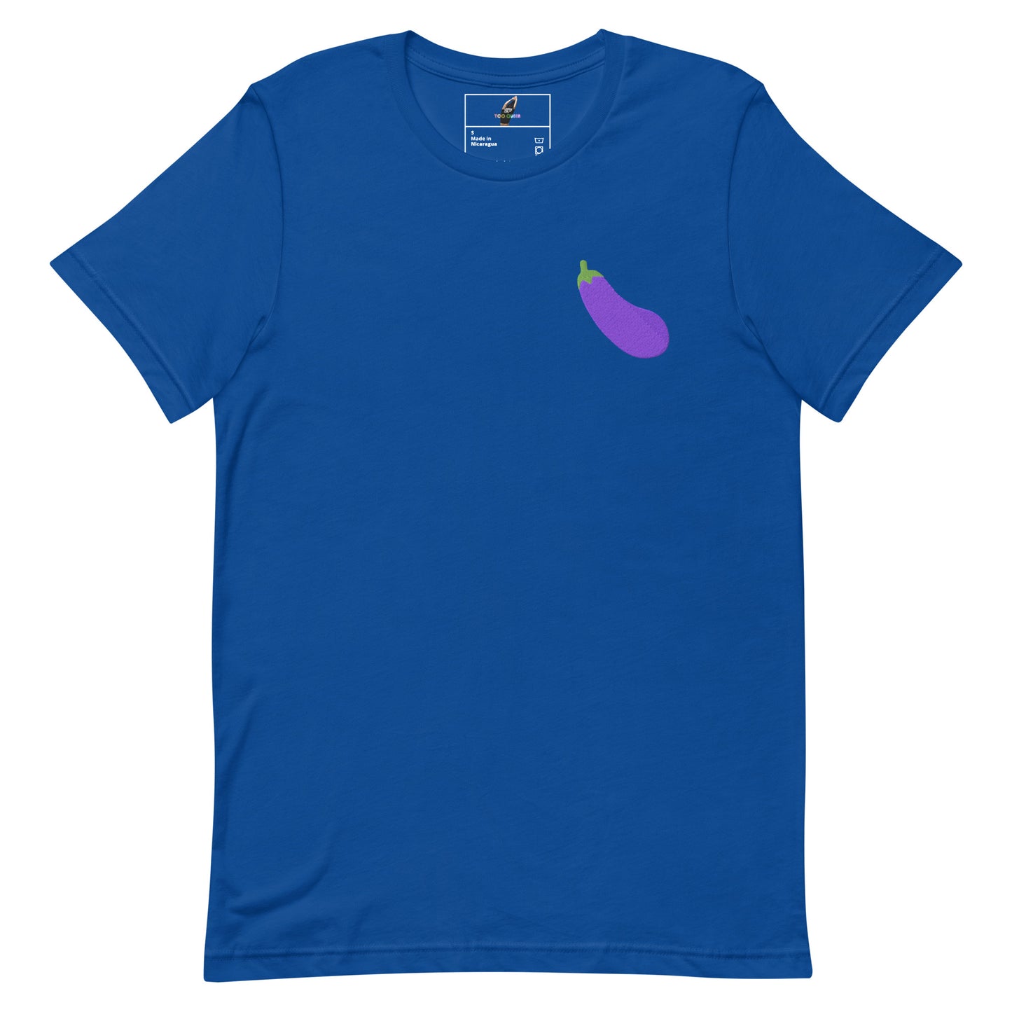 A royal blue short-sleeve crewneck t-shirt featuring a small purple eggplant graphic on the left chest, displayed on a clean white background.
