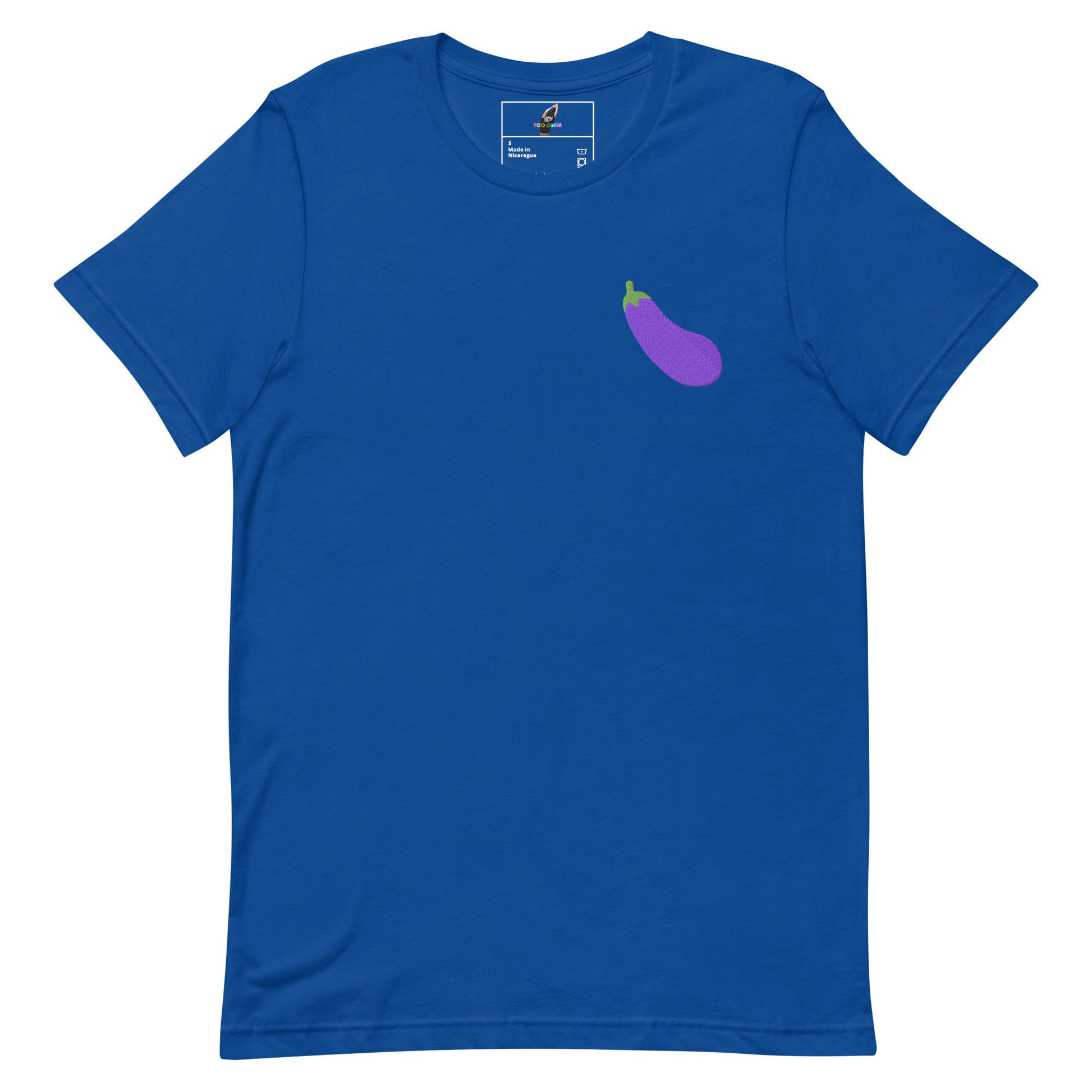 A royal blue short-sleeve crewneck t-shirt featuring a small purple eggplant graphic on the left chest, displayed on a clean white background.