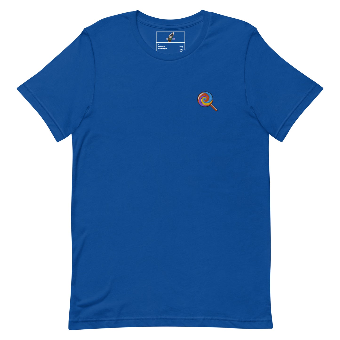 Blue t-shirt with a logo on the chest against a white background