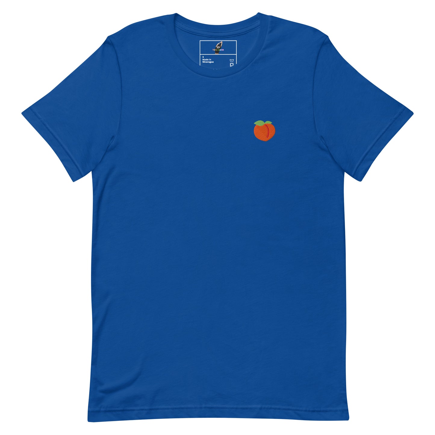A royal blue short-sleeve crewneck t-shirt with a small embroidered persimmon graphic on the left chest, displayed flat against a solid white background.
