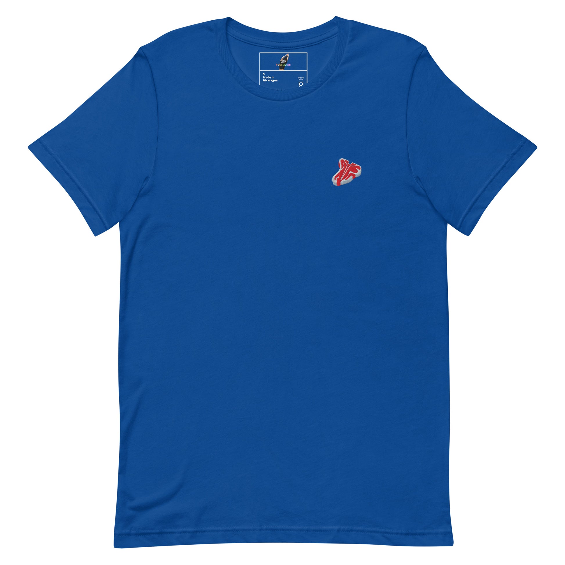 A royal blue short-sleeve crewneck t-shirt with a small red and white embroidered logo on the left chest, displayed flat against a solid white background.