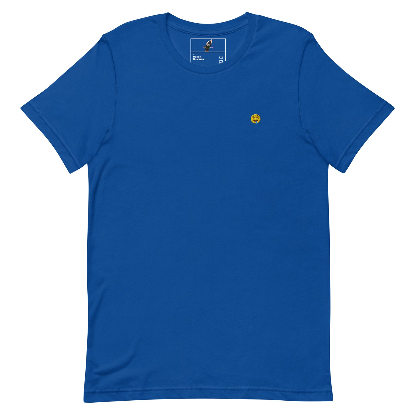 A royal blue short-sleeve crewneck t-shirt with a small yellow smiley face logo on the left chest, displayed flat against a solid white background.