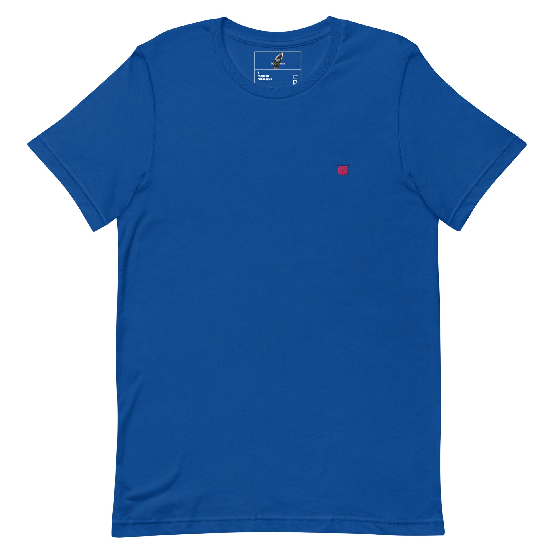 A royal blue short-sleeve crewneck t-shirt with a small red square logo on the left chest, displayed flat against a solid white background.