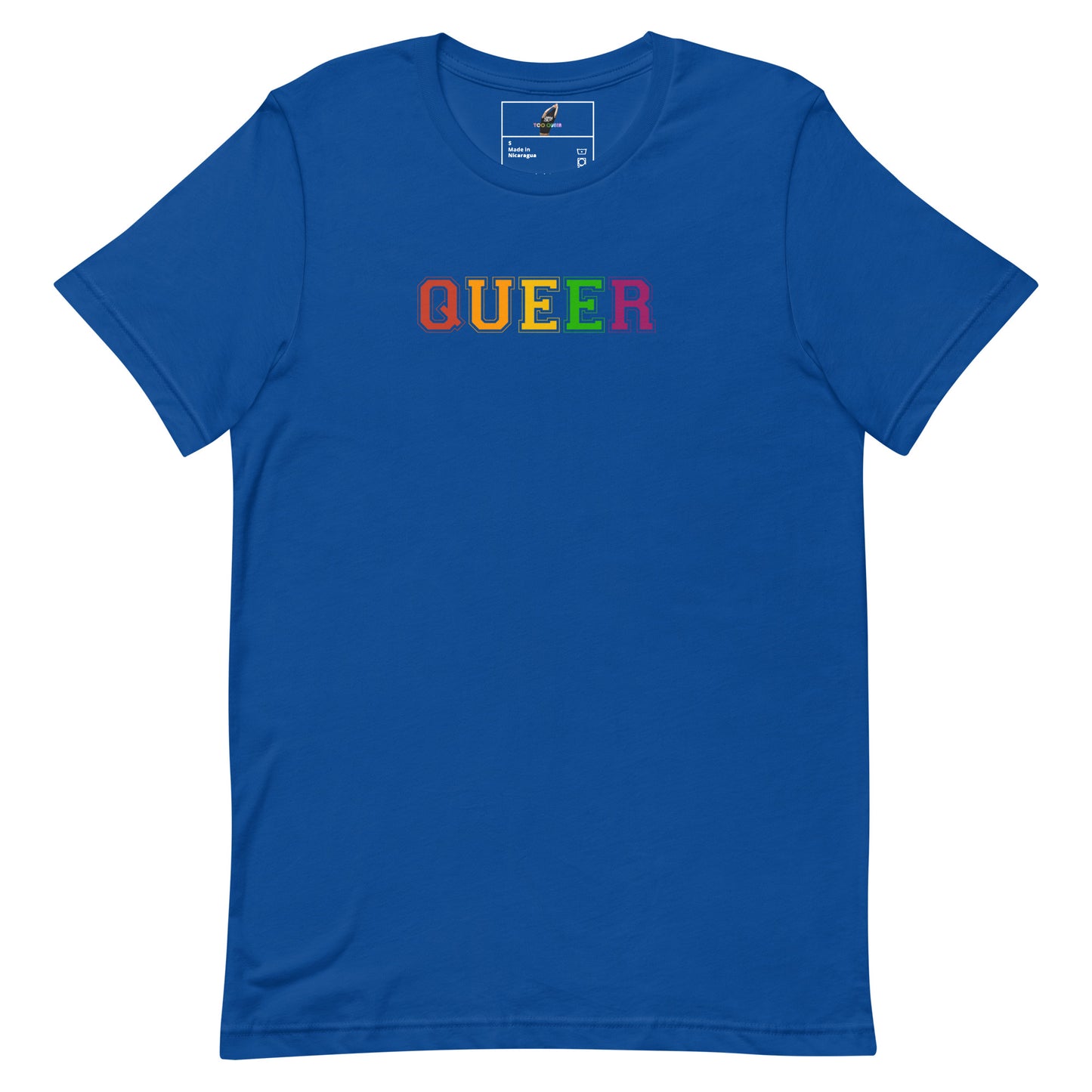A royal blue short-sleeve crewneck t-shirt featuring the word 'QUEER' printed across the chest in rainbow colors, shown on a plain white background.