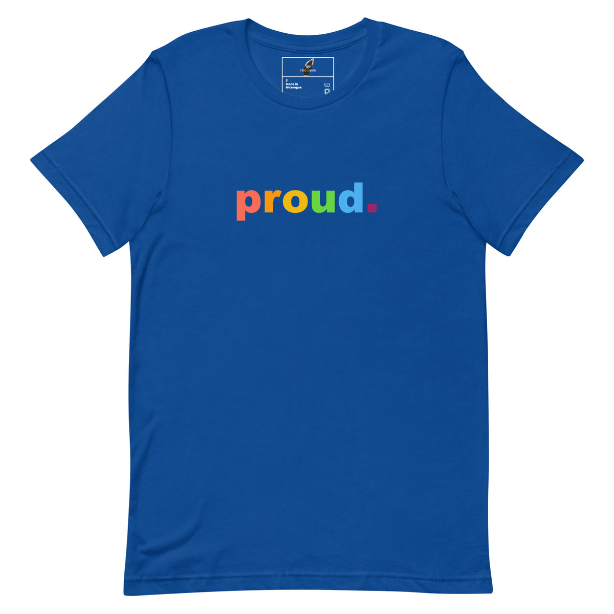 A royal blue short-sleeve crewneck t-shirt featuring the word 'proud.' printed across the chest in a rainbow gradient, with a small red dot following the 'd'.