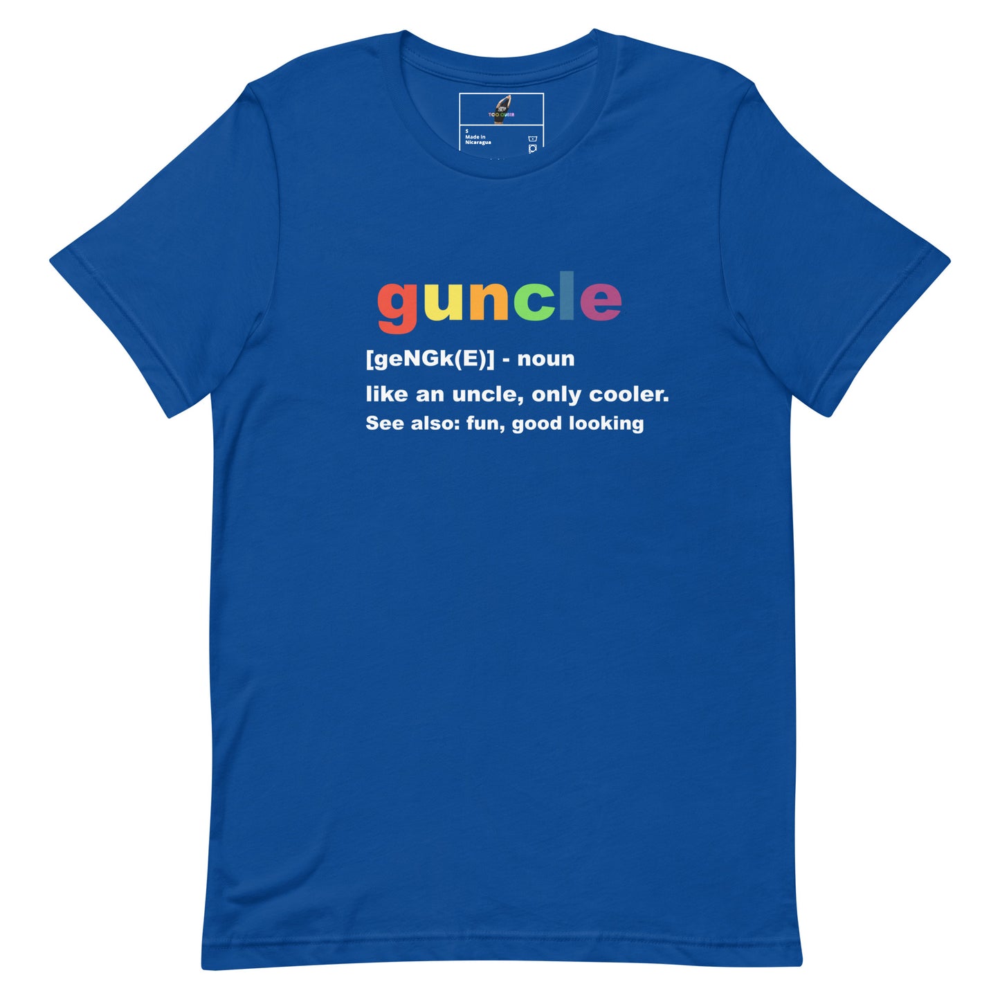 A royal blue short-sleeve t-shirt with a graphic on the chest spelling out 'guncle' in rainbow colors, followed by a dictionary-style definition in white text.