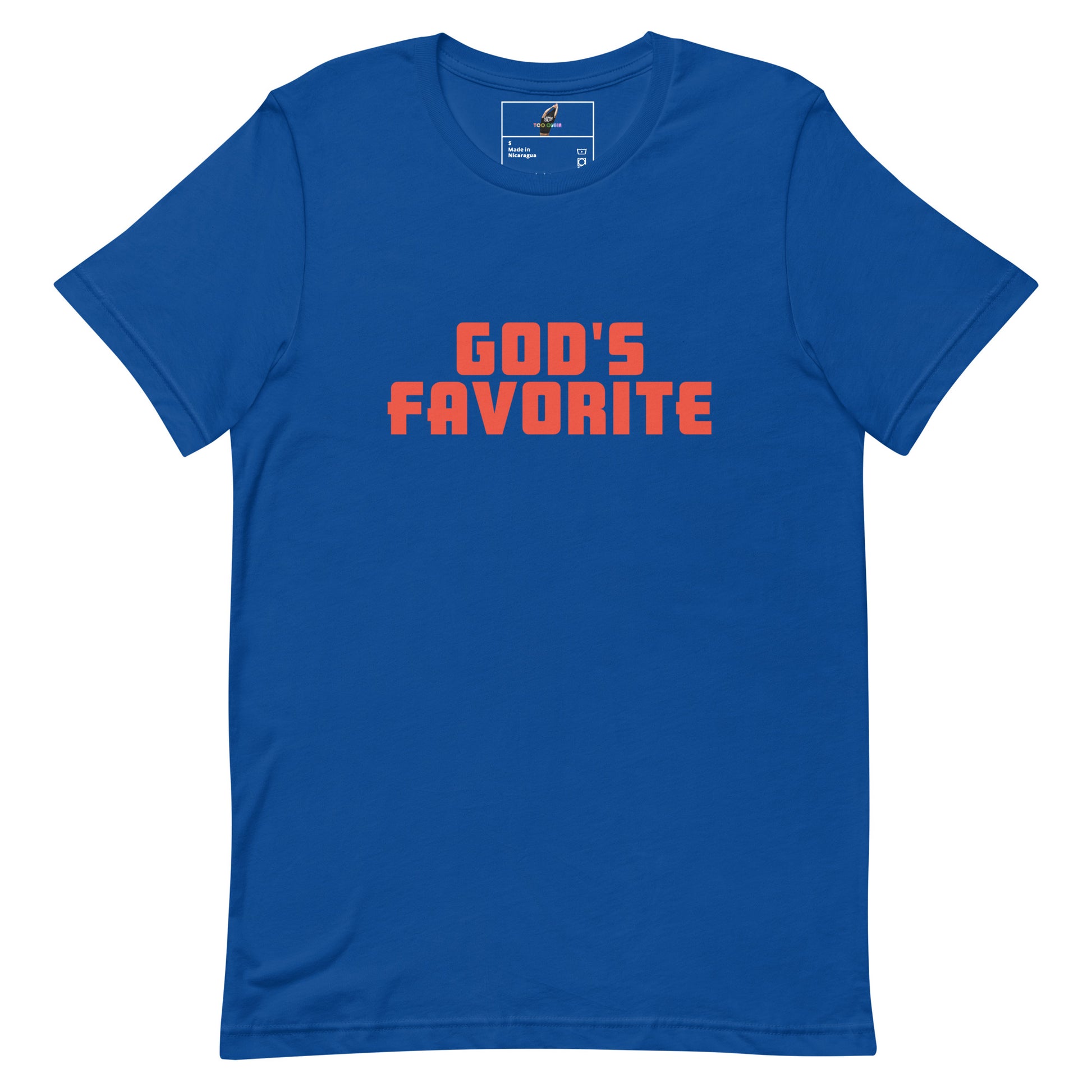 A royal blue short-sleeve t-shirt with the phrase 'GOD'S FAVORITE' printed across the chest in a bold orange-red stencil font, displayed on a clean white background.