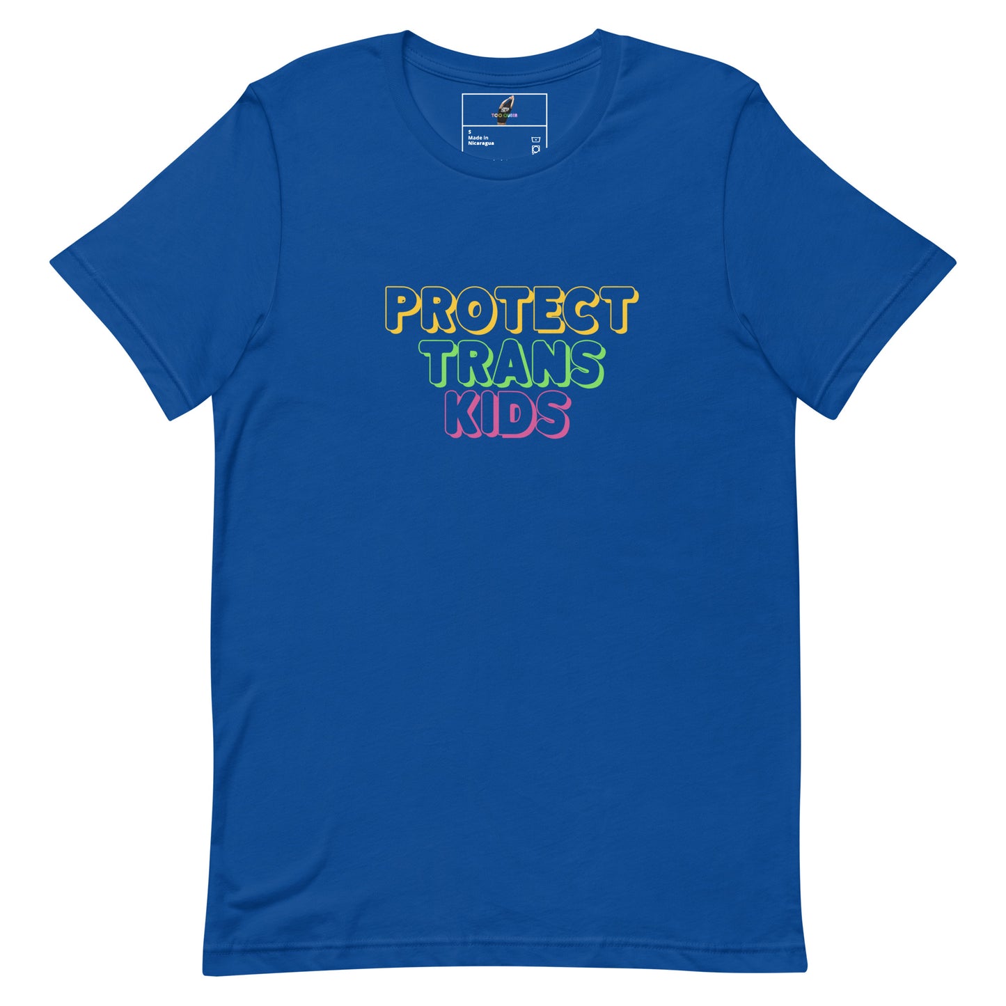 A royal blue short-sleeve t-shirt with the text 'PROTECT TRANS KIDS' printed on the chest in yellow, green, and pink outlined lettering, displayed on a clean white background.