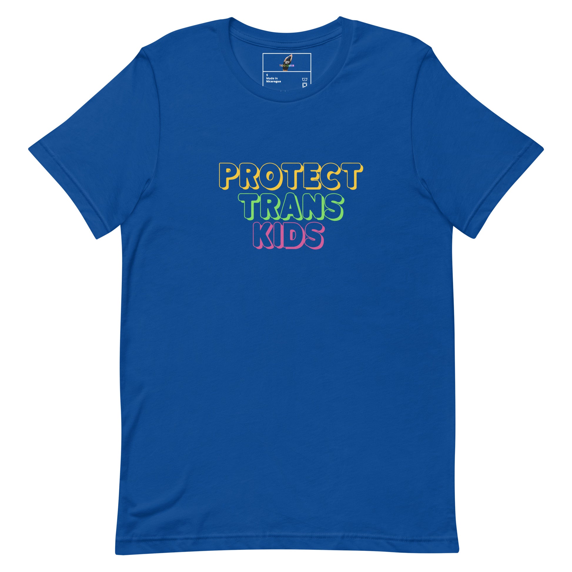 A royal blue short-sleeve t-shirt with the text 'PROTECT TRANS KIDS' printed on the chest in yellow, green, and pink outlined lettering, displayed on a clean white background.