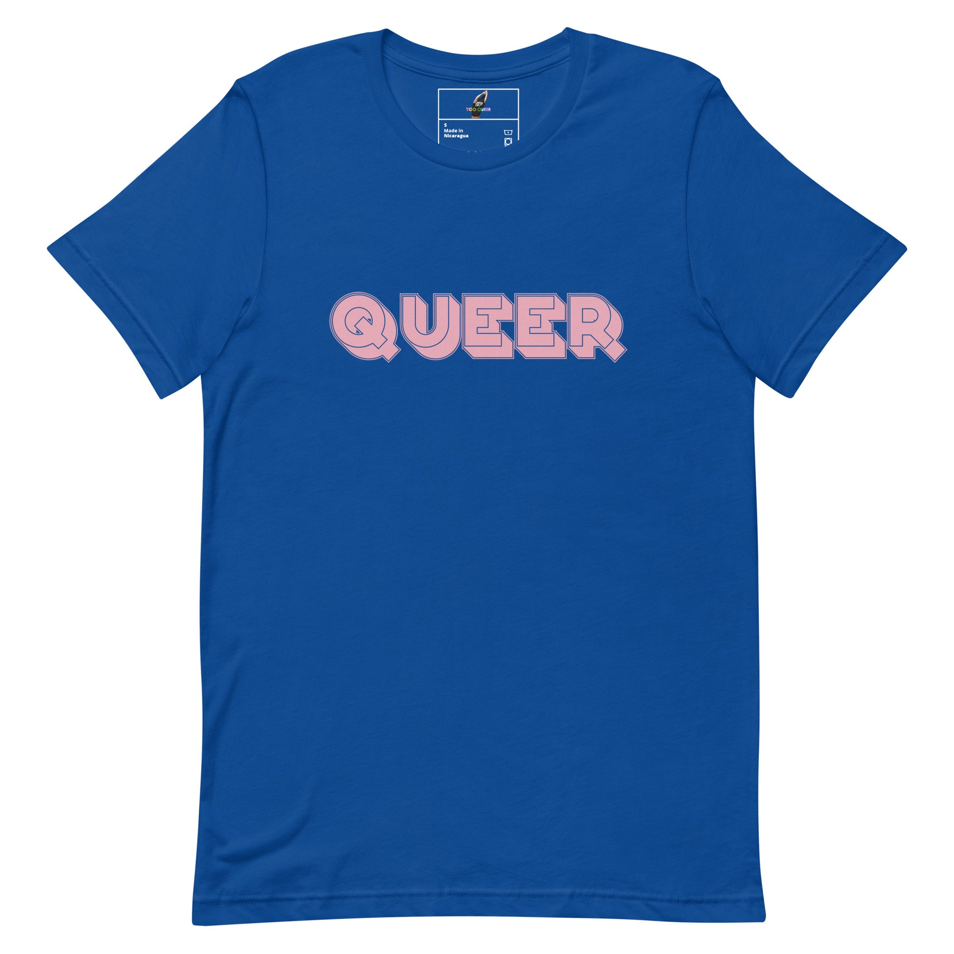 A royal blue short-sleeve crewneck t-shirt featuring the word 'QUEER' printed across the chest in a light pink bubble-style font, displayed on a clean white background.