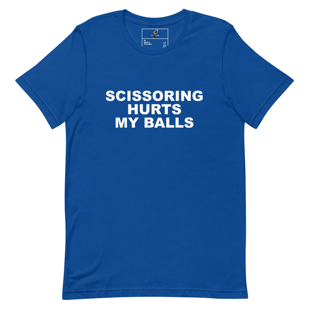 A royal blue short-sleeve crewneck t-shirt with bold white text on the chest reading 'SCISSORING HURTS MY BALLS'. The shirt is displayed flat against a solid white background, with a small brand label visible inside the collar.