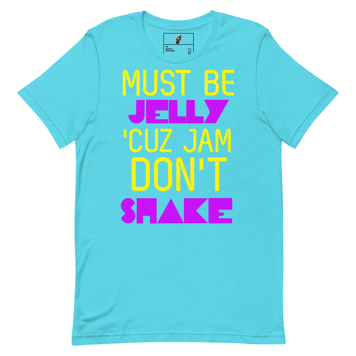 A light blue short-sleeve t-shirt with a colorful graphic text print reading 'MUST BE JELLY 'CUZ JAM DON'T SHAKE' in yellow and magenta, displayed on a solid white background.