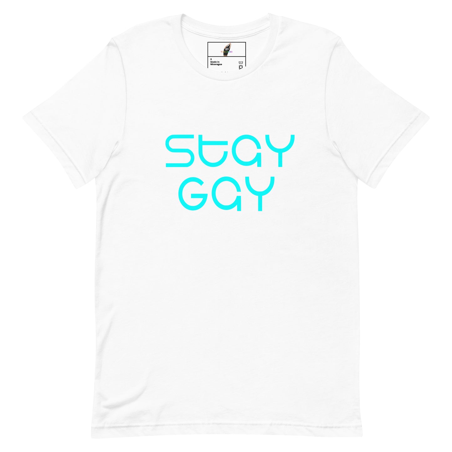 A white short-sleeve crewneck t-shirt featuring the words 'STAY GAY' printed in a bright cyan sans-serif font across the chest, displayed on a clean white background.