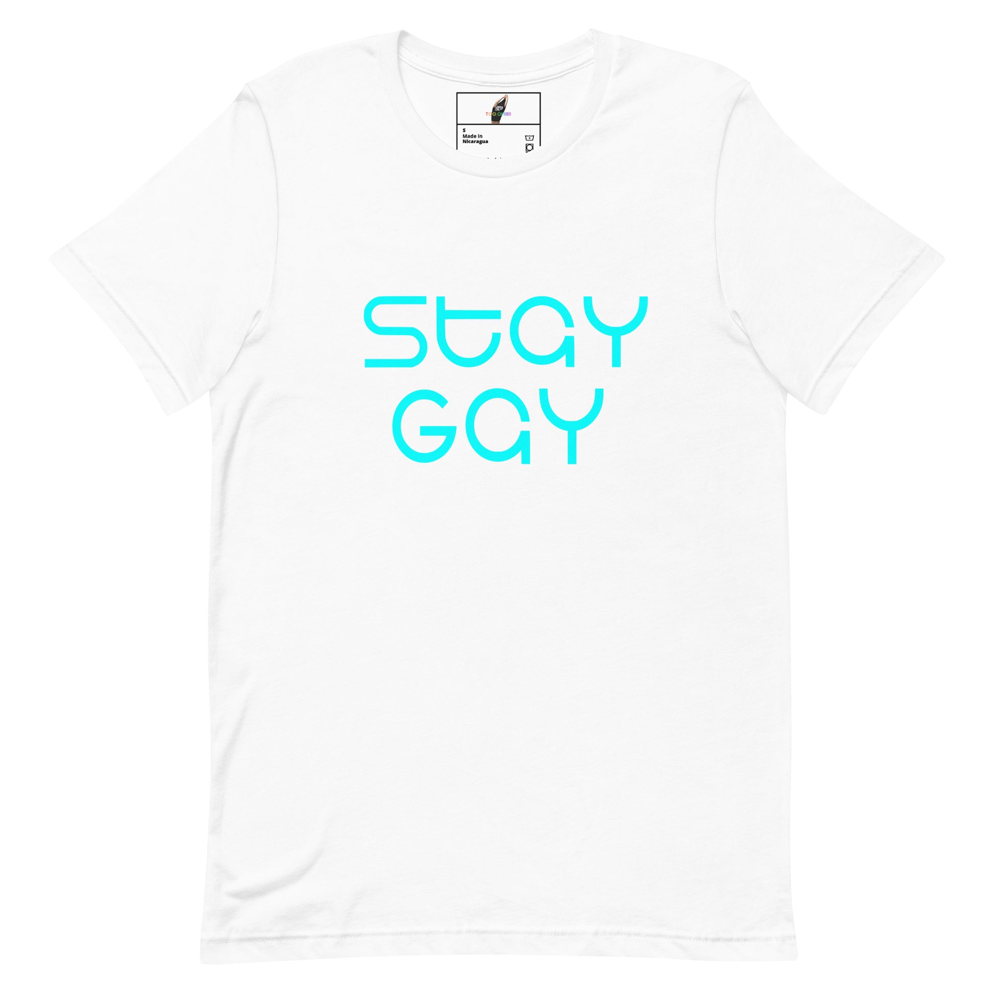 A white short-sleeve crewneck t-shirt featuring the words 'STAY GAY' printed in a bright cyan sans-serif font across the chest, displayed on a clean white background.