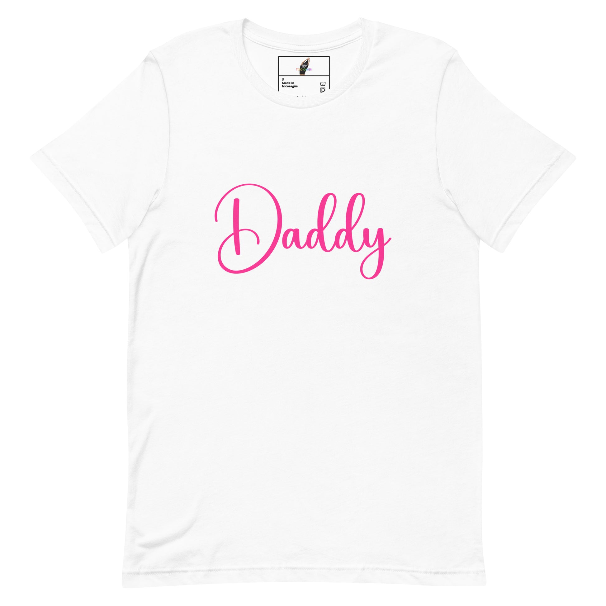 A white short-sleeve crewneck t-shirt featuring the word 'Daddy' printed across the chest in a bright pink cursive script font. The shirt is displayed flat against a clean white background, with a small brand label visible inside the collar.