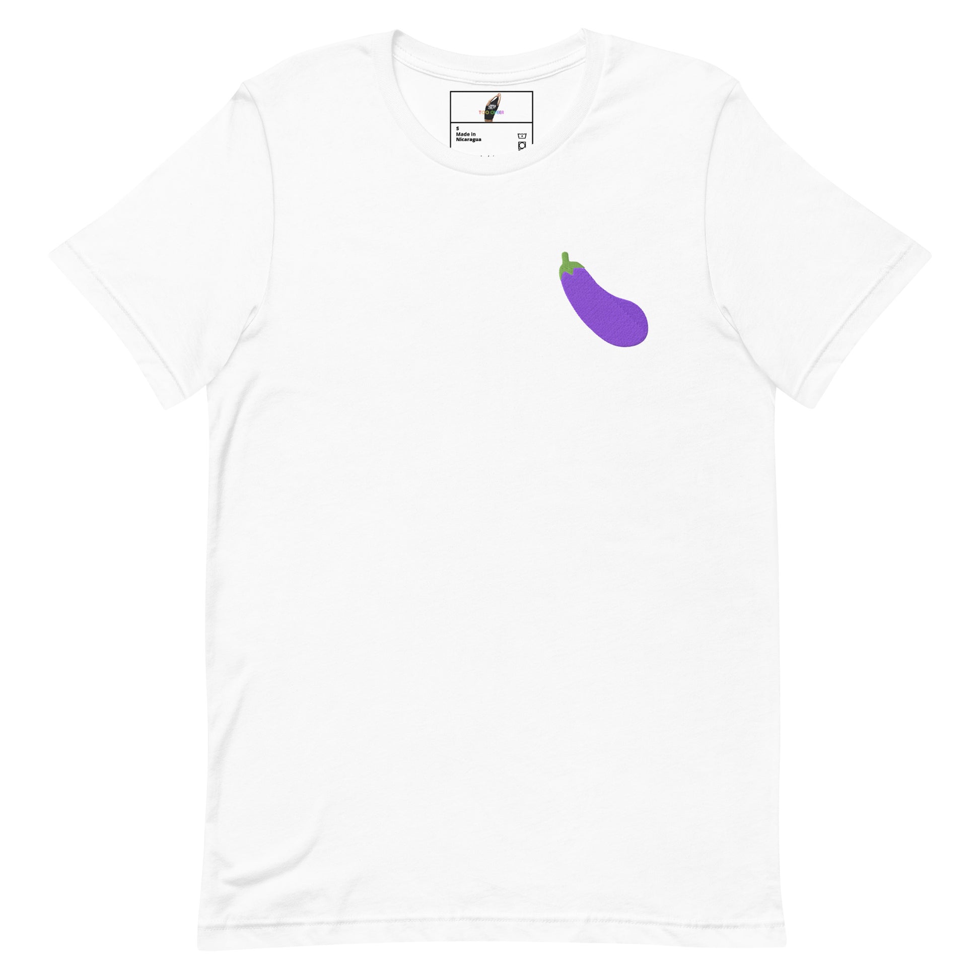 A white short-sleeve crewneck t-shirt featuring a small purple eggplant graphic on the left chest, displayed against a solid white background.
