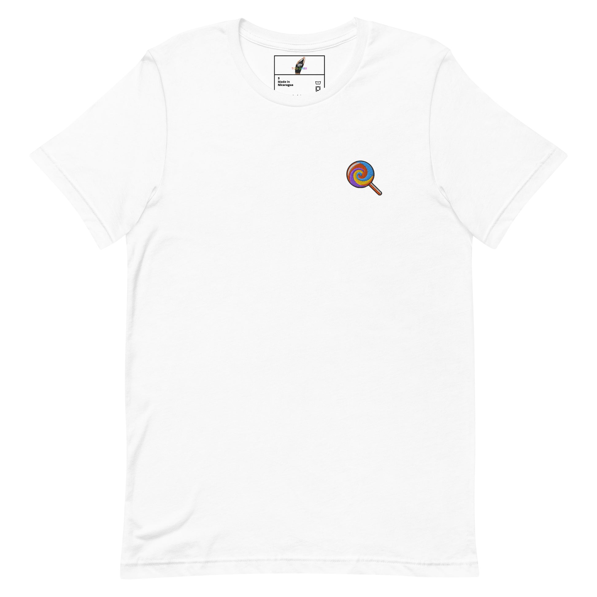 A white short-sleeve crewneck t-shirt with a small colorful circular graphic on the left chest resembling a magnifying glass or target. The inner neck label shows the brand 'Bloom'.