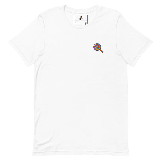 A white short-sleeve crewneck t-shirt with a small colorful circular graphic on the left chest resembling a magnifying glass or target. The inner neck label shows the brand 'Bloom'.