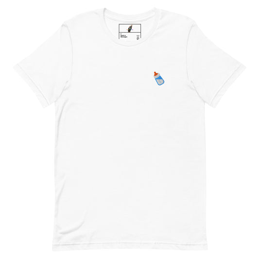 A white short-sleeve crewneck t-shirt with a small graphic of a blue baby bottle with an orange nipple on the left chest, displayed on a clean white background.