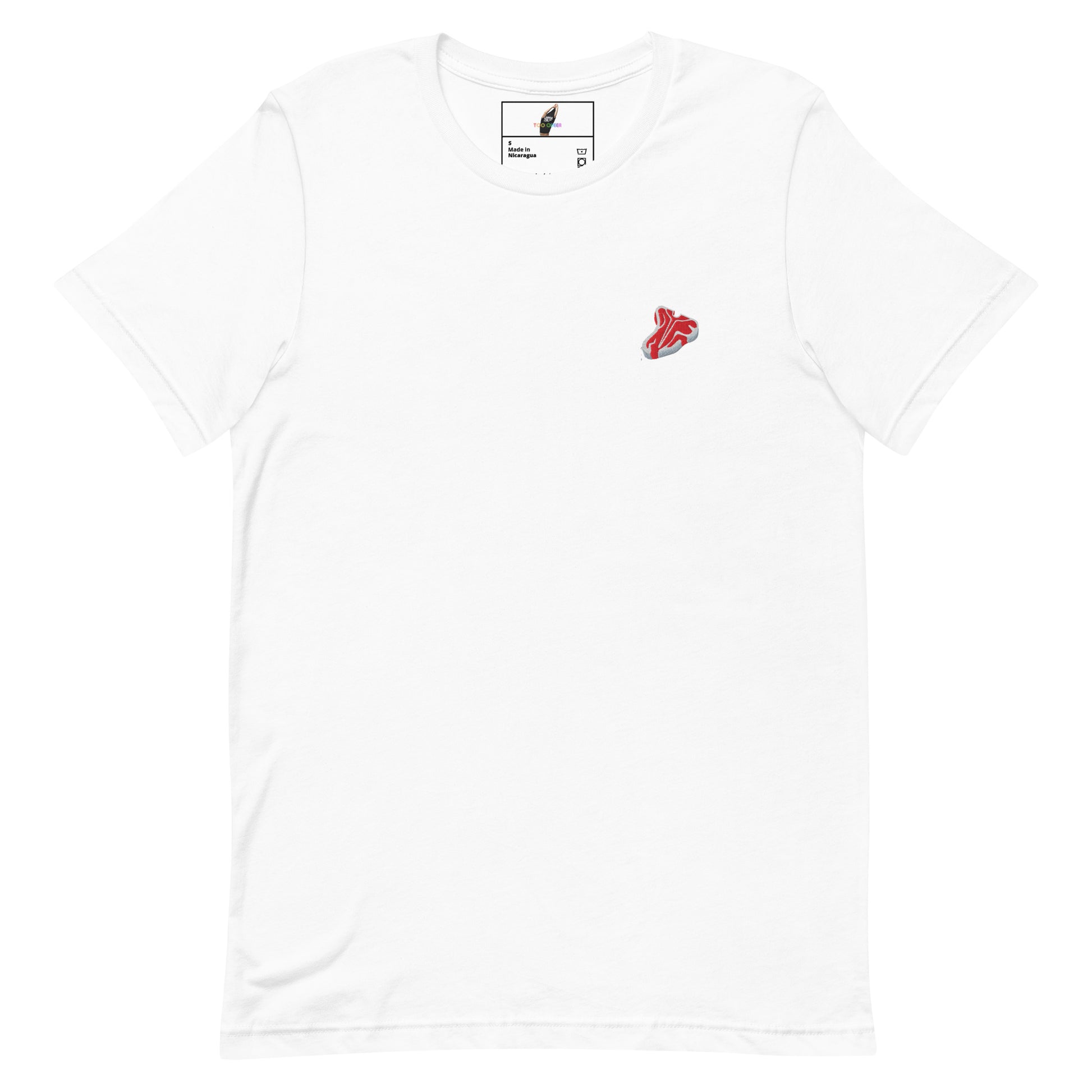 A white short-sleeve crewneck t-shirt with a small red and black graphic on the left chest, displayed flat against a white background.