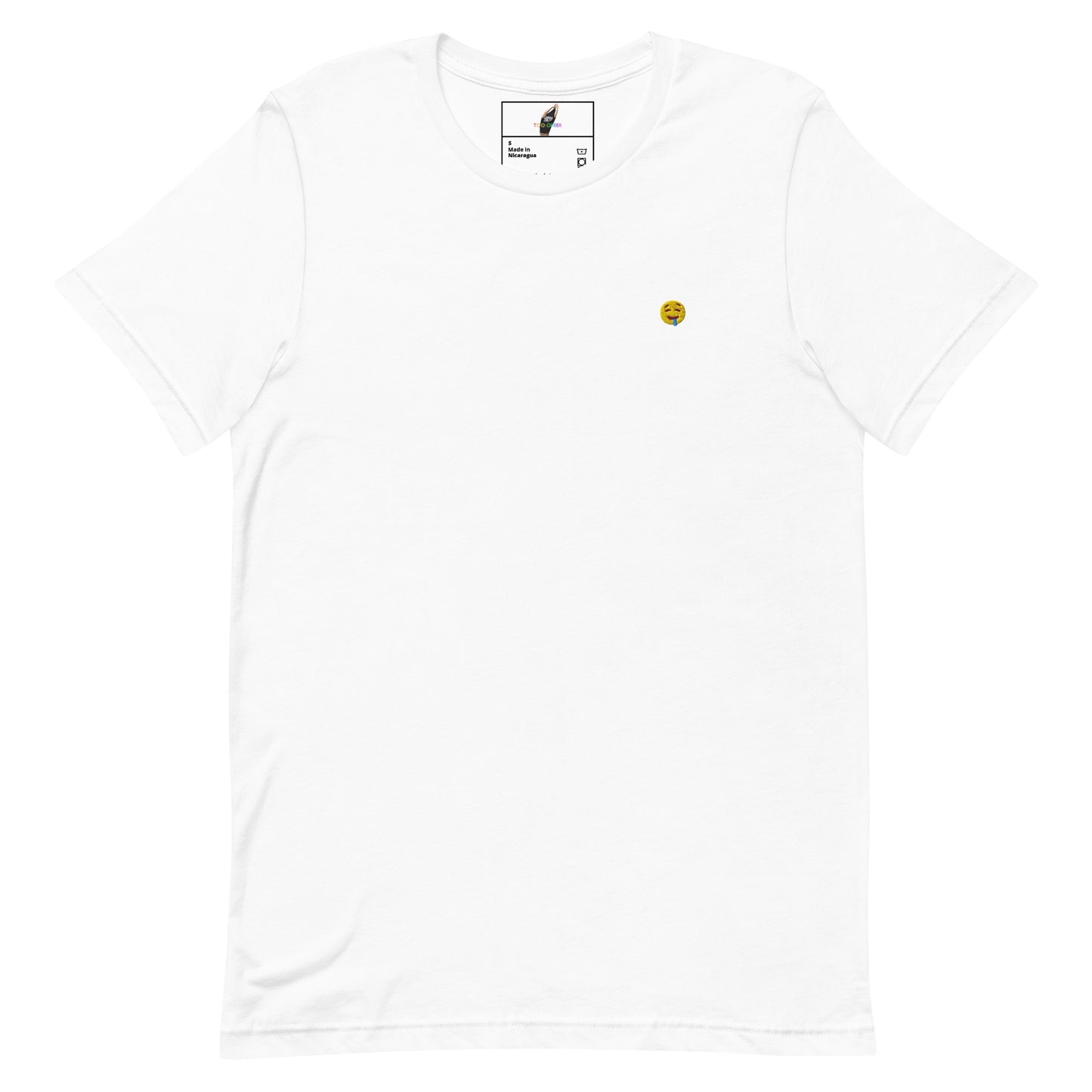 A white short-sleeve crewneck t-shirt with a small yellow smiley face graphic printed on the left chest, displayed flat against a white background.