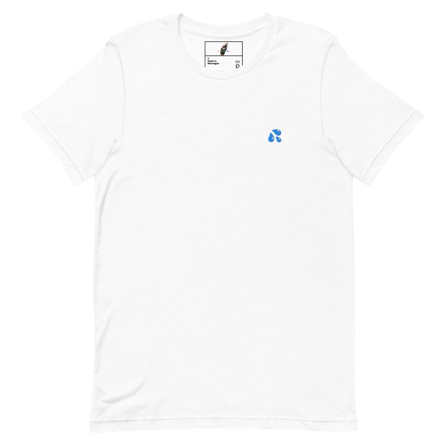 A white short-sleeve crewneck t-shirt with a small blue three-teardrop logo on the left chest, displayed flat against a white background.