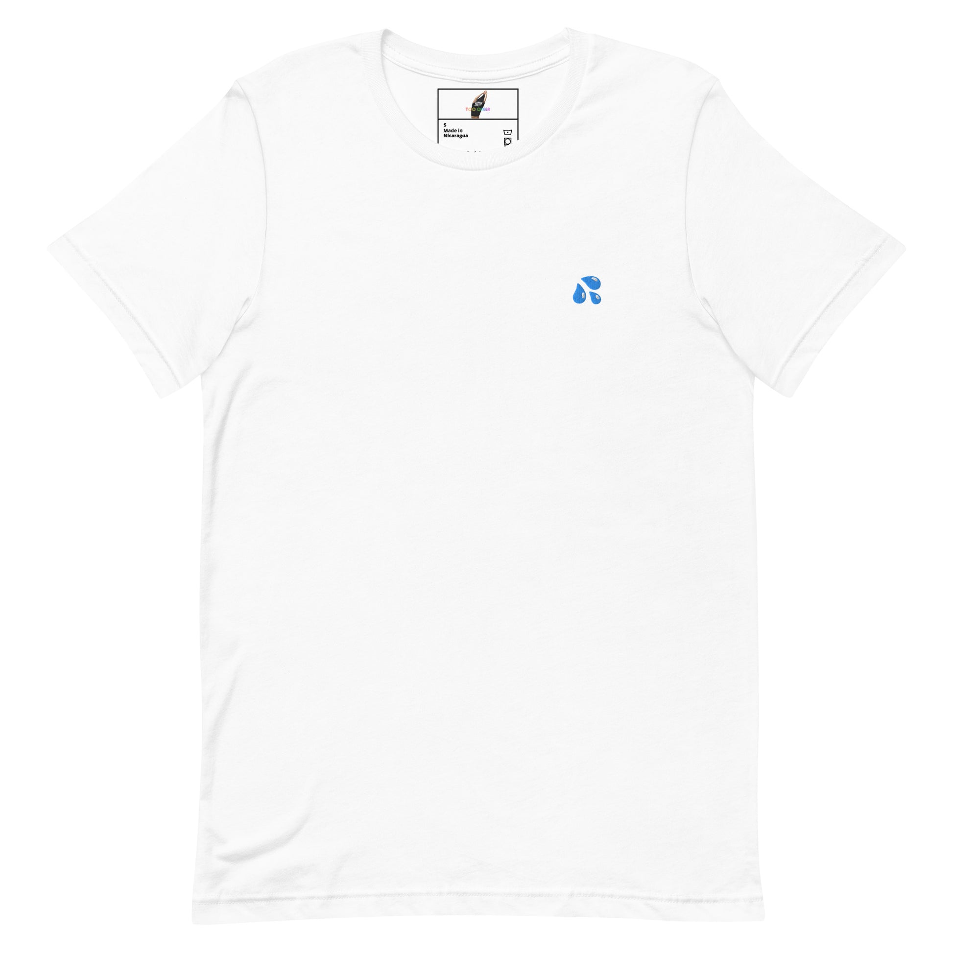 A white short-sleeve crewneck t-shirt with a small blue three-teardrop logo on the left chest, displayed flat against a white background.
