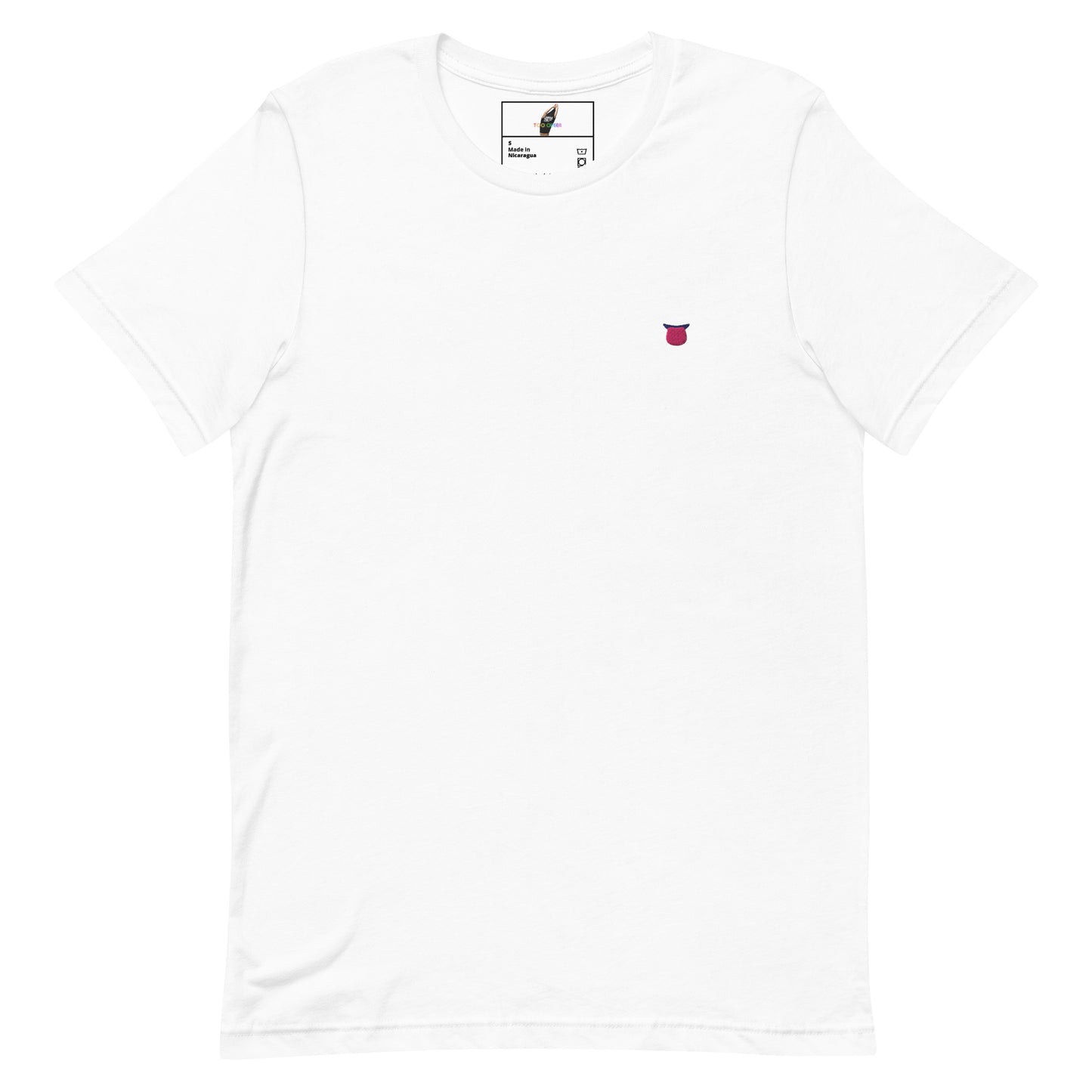 A white short-sleeve crewneck t-shirt with a small red and black graphic on the left chest, displayed flat against a white background.