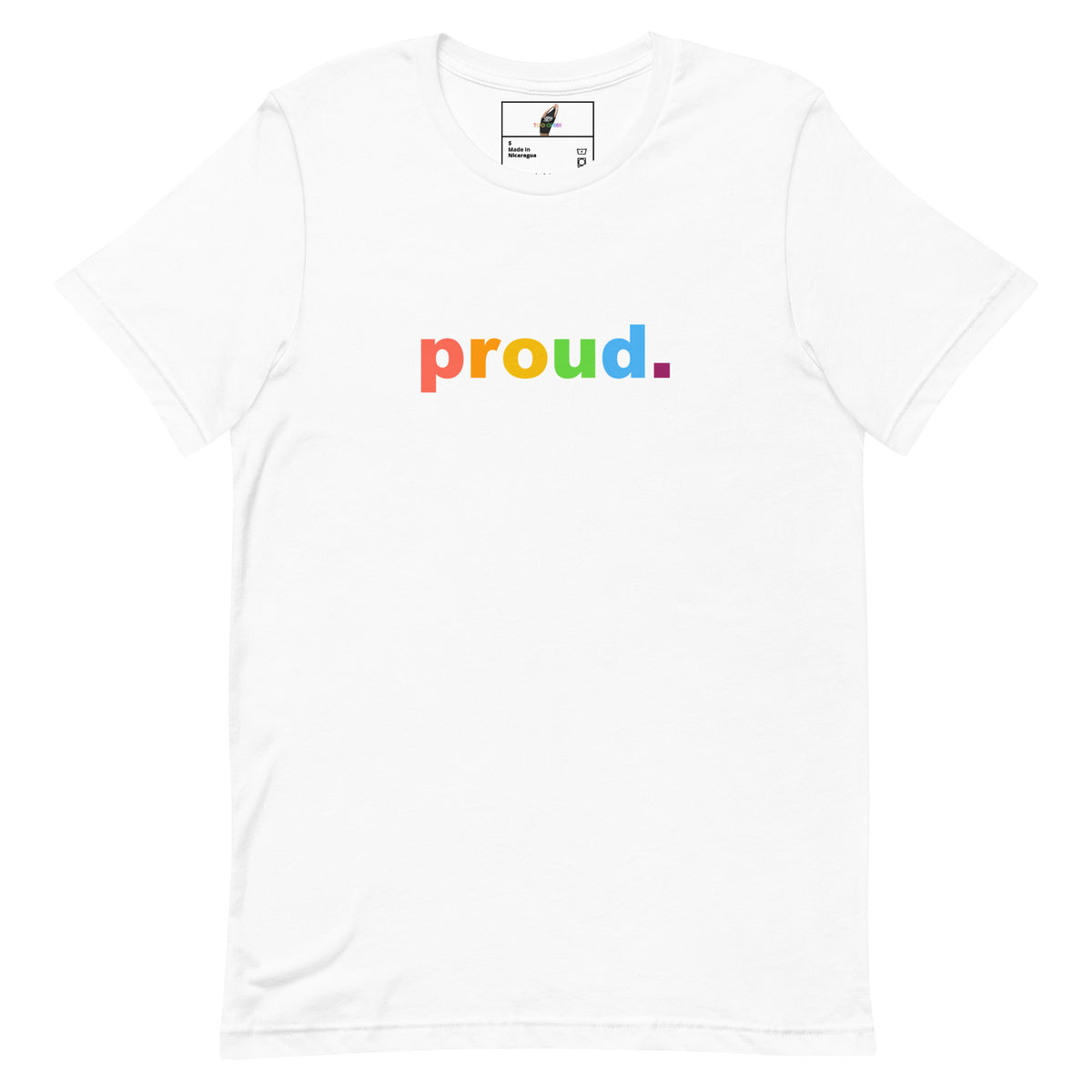 A white short-sleeve crewneck t-shirt featuring the word 'proud.' printed across the chest in a rainbow gradient.