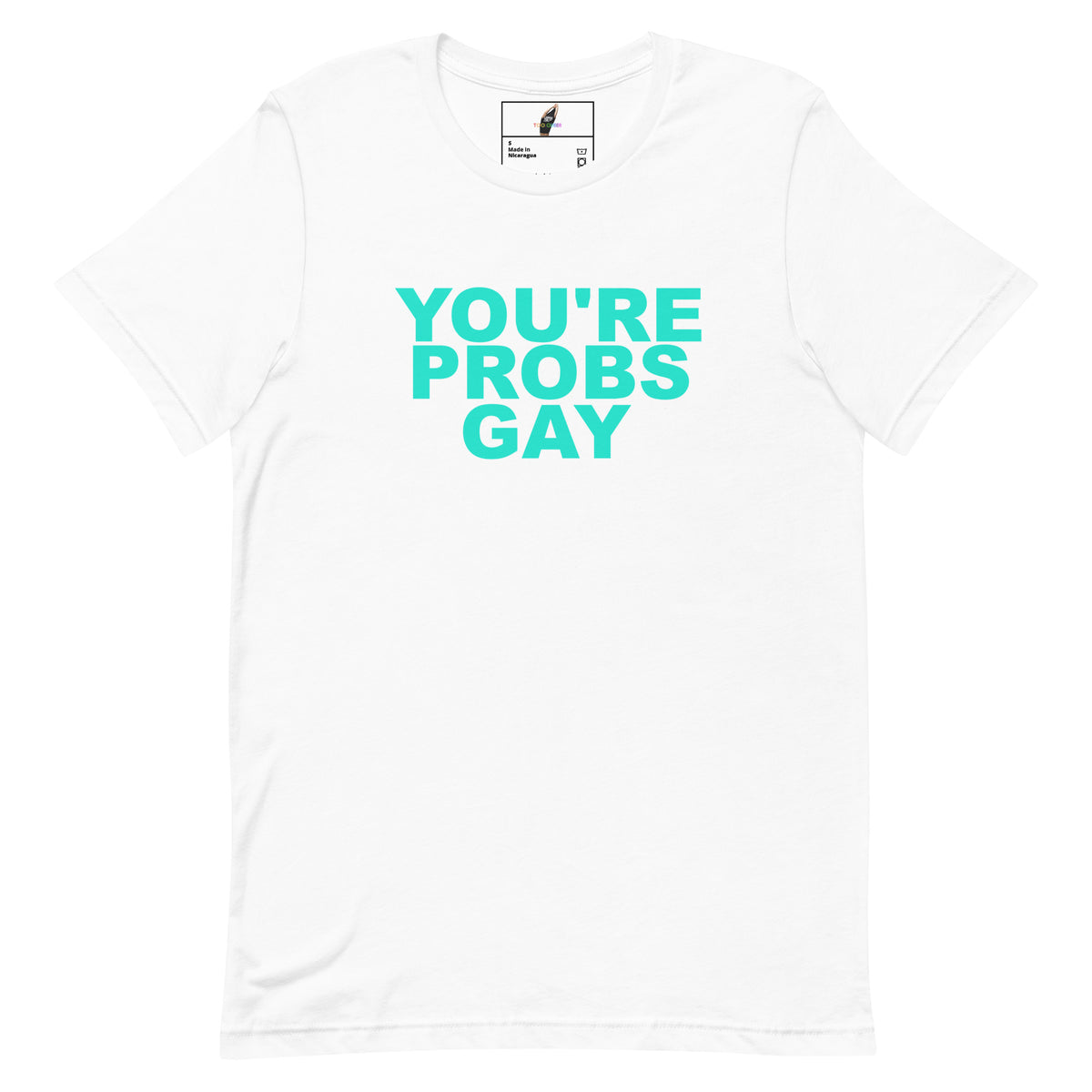 A white short-sleeve crewneck t-shirt with the phrase 'YOU'RE PROBS GAY' printed in a bright turquoise font across the chest. The inner neck label shows the brand 'Bitch Culture'.