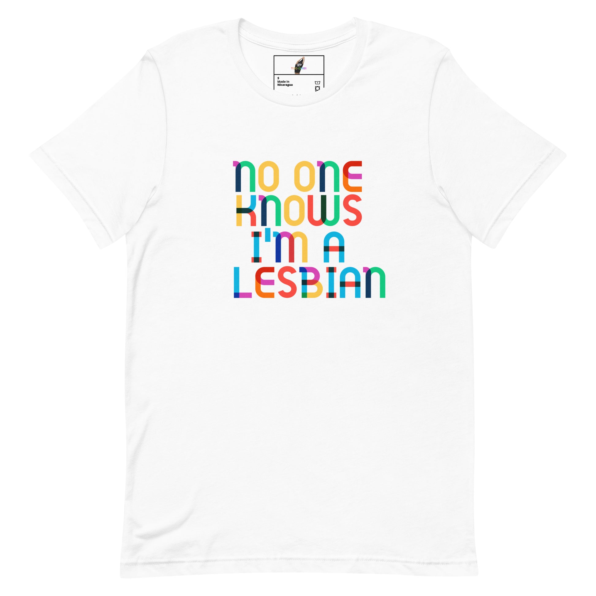 A white short-sleeve crewneck t-shirt featuring the text 'no one KNOWS I'm A LESBIAN' printed on the chest in a vibrant rainbow-colored block font. The shirt is displayed flat against a clean white background, with a small brand label visible inside the collar.