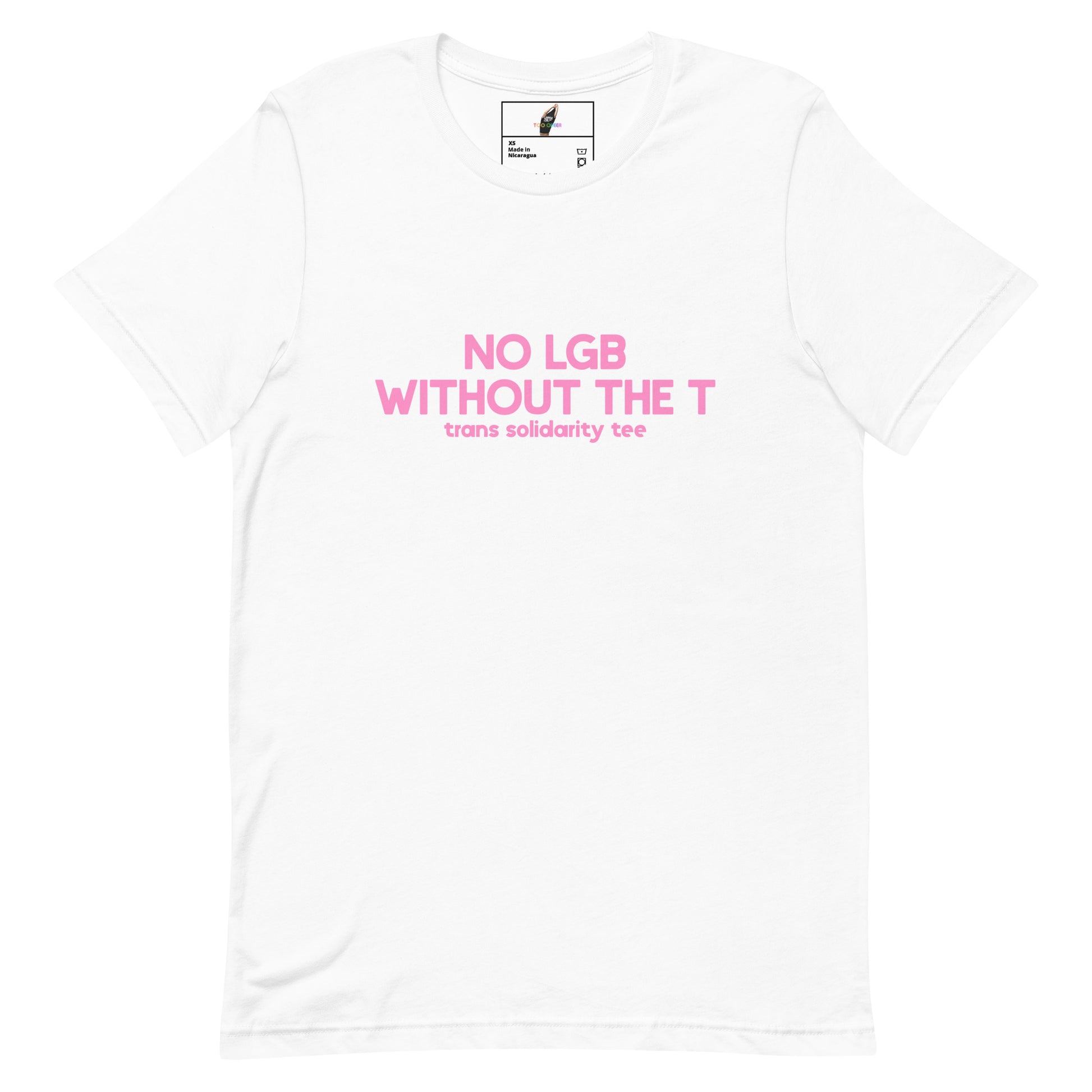 A white short-sleeve crewneck t-shirt with pink text on the chest reading 'NO LGB WITHOUT THE T' and 'trans solidarity tee' underneath, displayed flat against a white background.