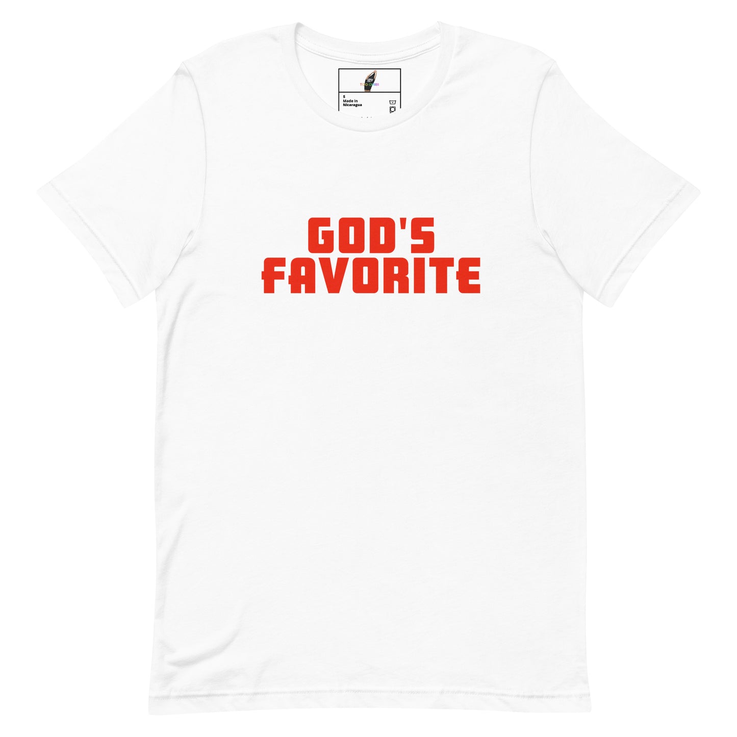A white short-sleeve crewneck t-shirt with the phrase 'GOD'S FAVORITE' printed in bold red block letters across the chest, displayed on a clean white background.