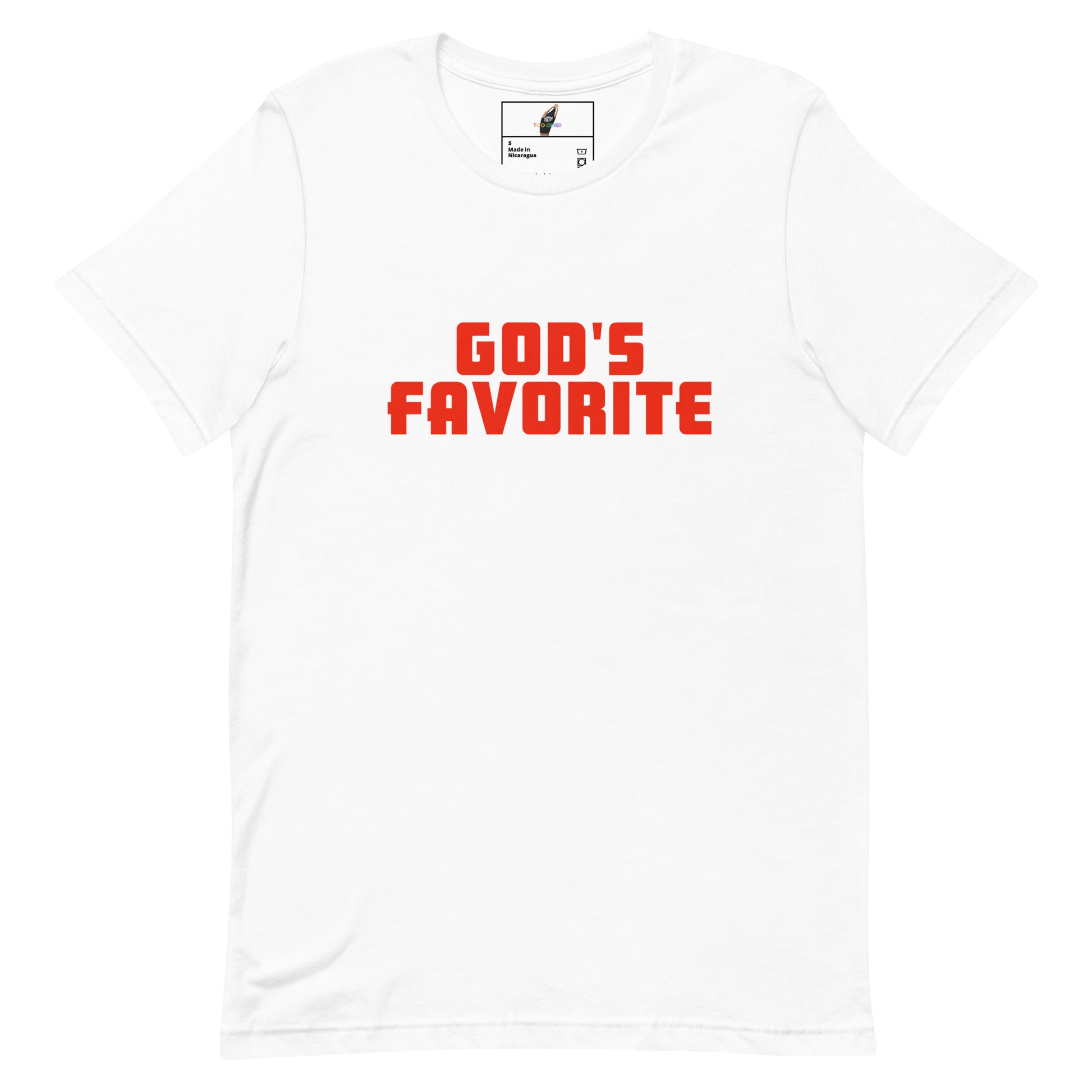 A white short-sleeve crewneck t-shirt with the phrase 'GOD'S FAVORITE' printed in bold red block letters across the chest, displayed on a clean white background.