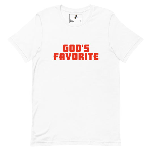 A white short-sleeve crewneck t-shirt with the phrase 'GOD'S FAVORITE' printed in bold red block letters across the chest, displayed on a clean white background.