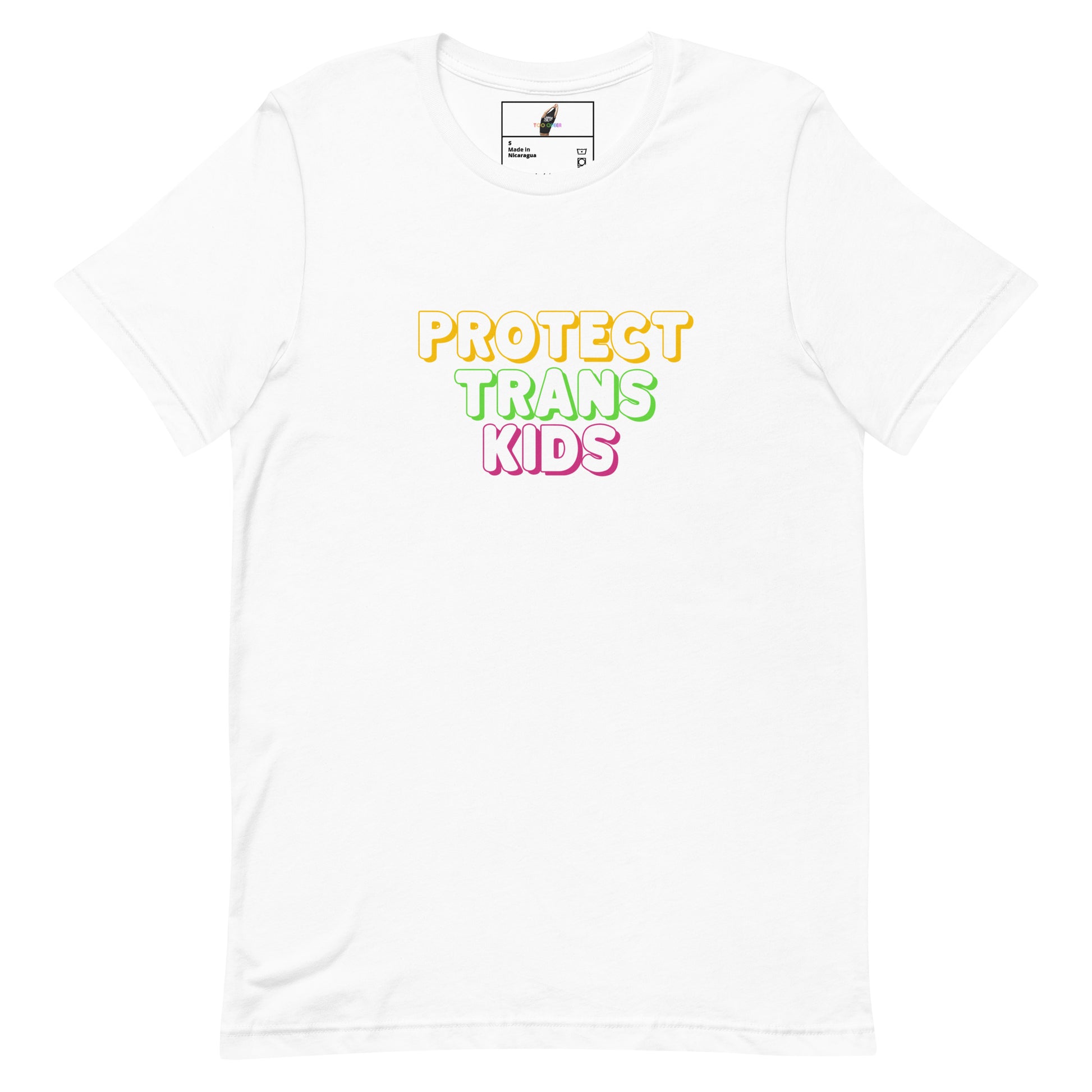 A white short-sleeve crewneck t-shirt featuring the text 'PROTECT TRANS KIDS' printed on the chest in yellow, green, and pink bubble letters, displayed on a clean white background.