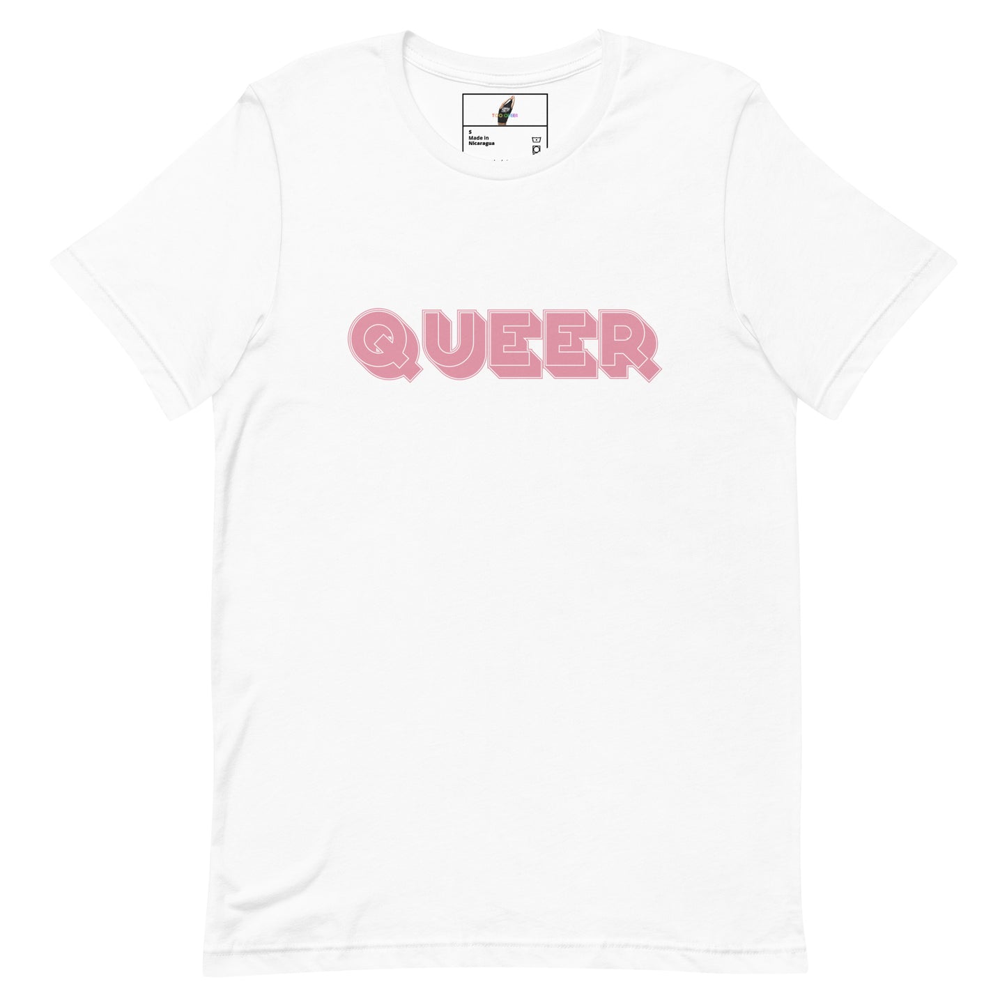 A white short-sleeve crewneck t-shirt featuring the word 'QUEER' printed across the chest in a pink bubble-style font, displayed on a clean white background.