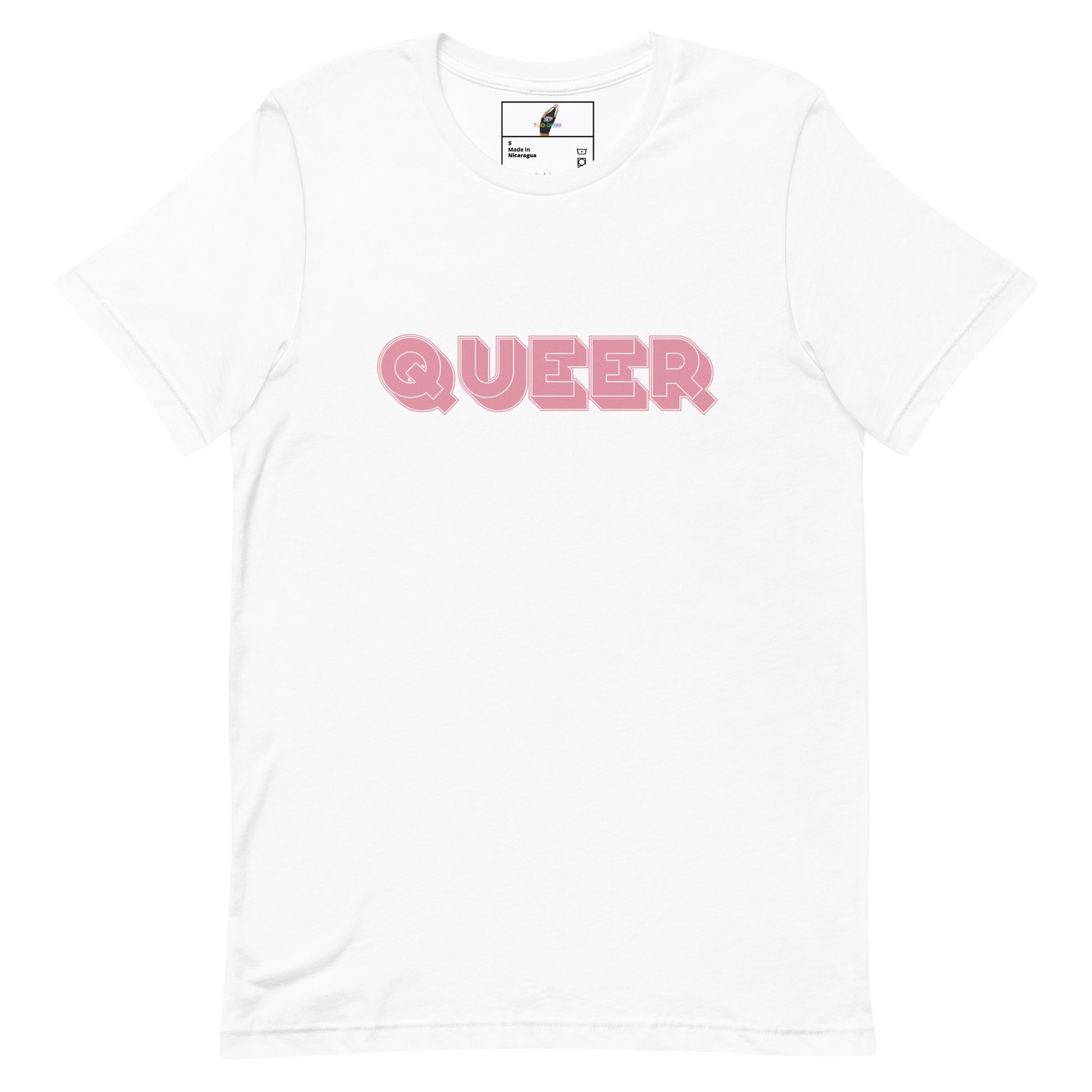 A white short-sleeve crewneck t-shirt featuring the word 'QUEER' printed across the chest in a pink bubble-style font, displayed on a clean white background.