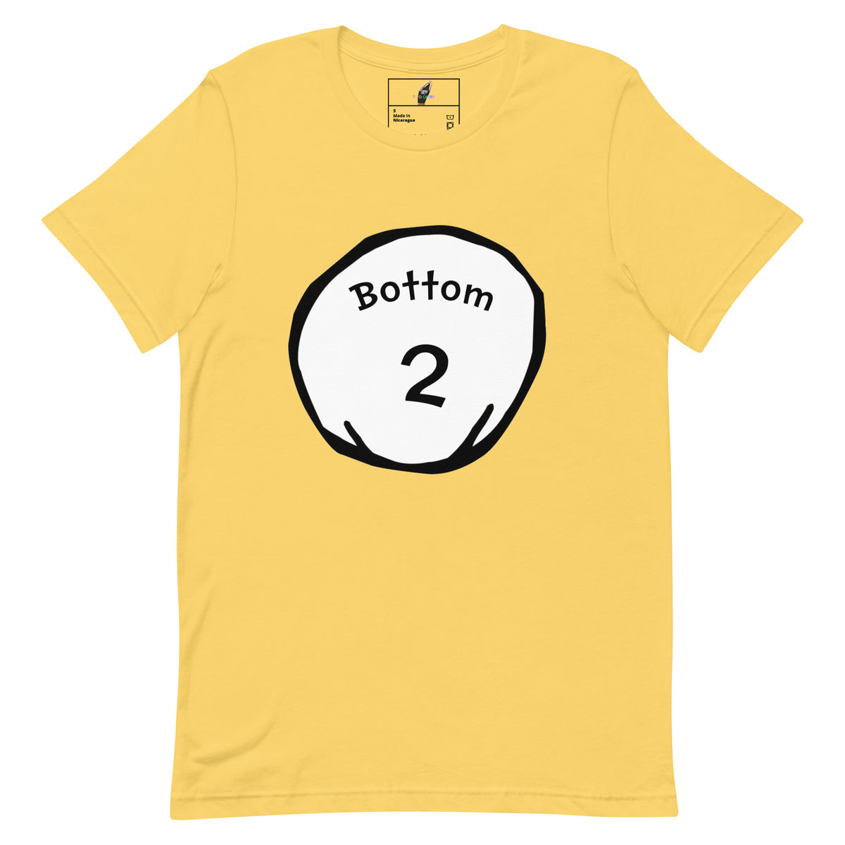 A yellow short-sleeve crewneck t-shirt featuring a circular graphic on the chest with the text 'Bottom 2' in black inside a white circle with a black outline.