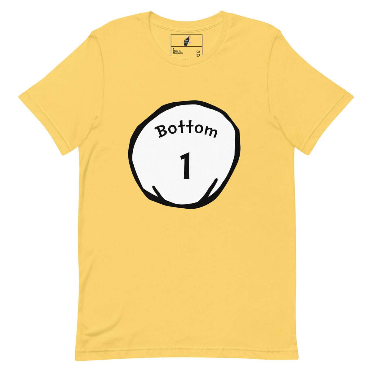 A yellow short-sleeve crewneck t-shirt featuring a circular graphic on the chest with the text 'Bottom' and the number '1' in black on a white circle.