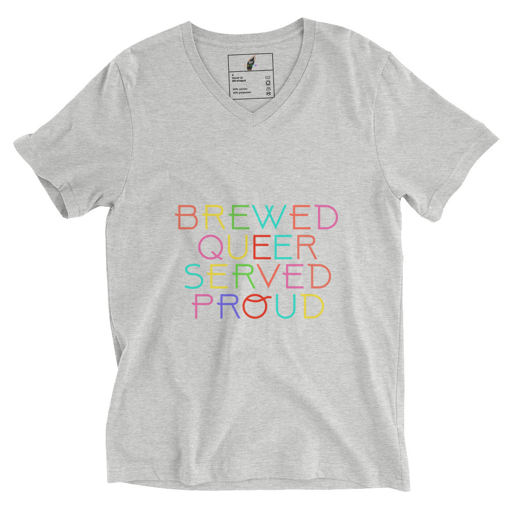 Brewed Queer Served Proud Unisex Short Sleeve V-Neck T-Shirt