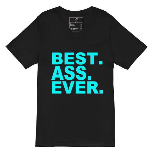 A black short-sleeve V-neck t-shirt with the text 'BEST. ASS.