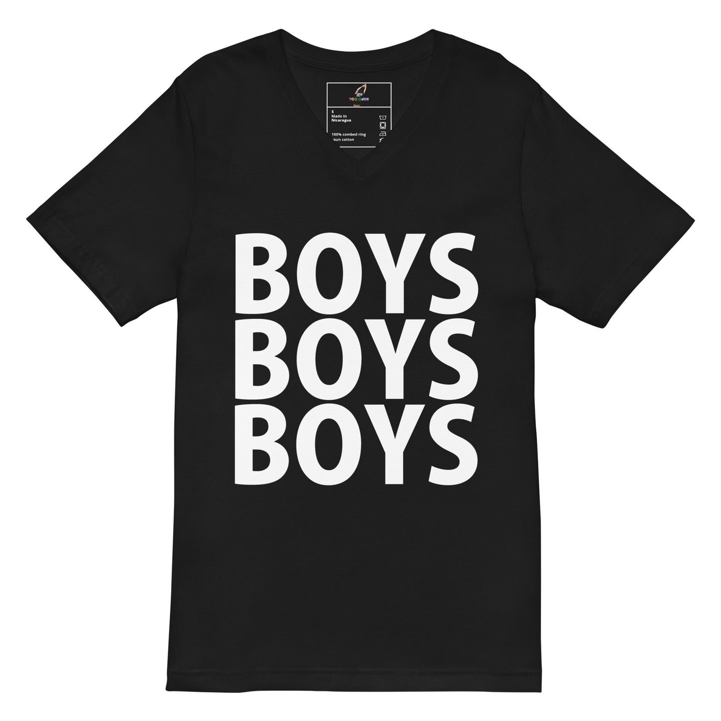 A black short-sleeve V-neck t-shirt with the word 'BOYS' printed vertically in bold white block letters, repeated three times to read 'BOYS BOYS BOYS'.
