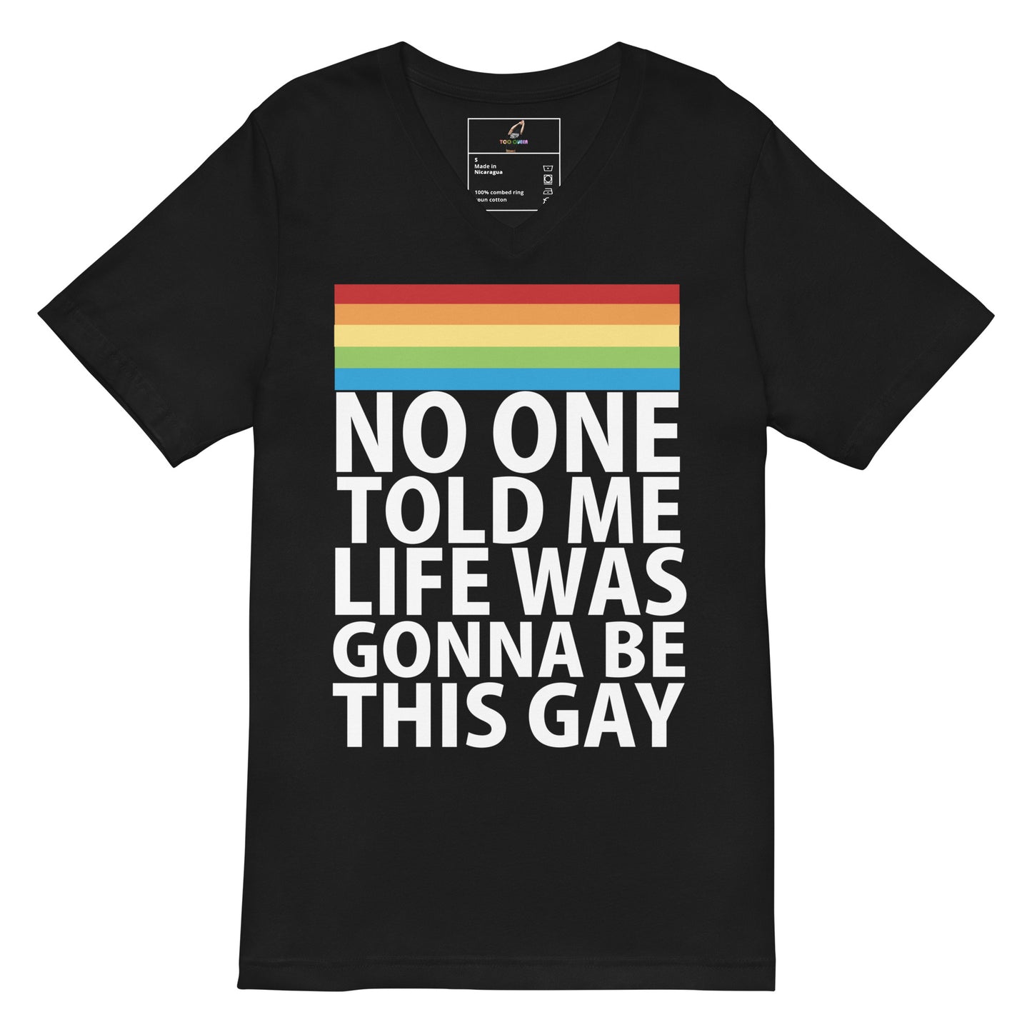 A black short-sleeve V-neck t-shirt with a rainbow stripe graphic and the text 'NO ONE TOLD ME LIFE WAS GONNA BE THIS GAY' printed in white on the front, shown against a plain white background.