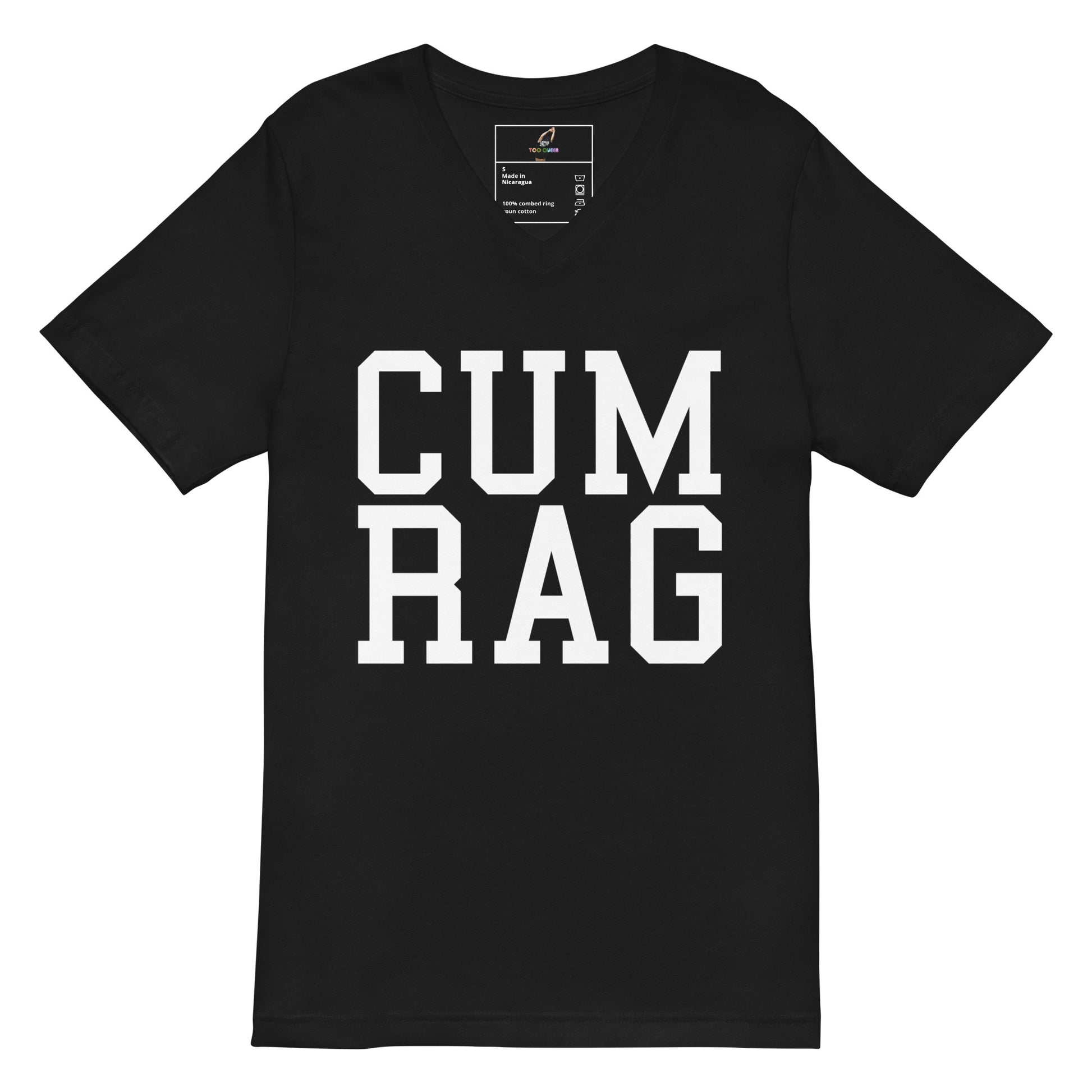 A black short-sleeve V-neck t-shirt with the words 'CUM RAG' printed in bold white varsity-style block letters across the chest, shown on a plain white background.