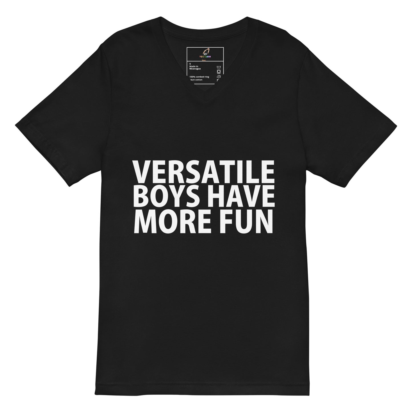 A black short-sleeve V-neck t-shirt with the phrase 'VERSATILE BOYS HAVE MORE FUN' printed in bold white capital letters across the chest, displayed on a solid white background.